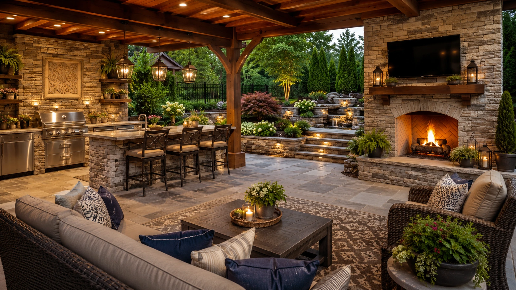 Beautiful outdoor living space with kitchen